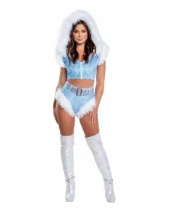 J-Valentine, Inc CH302 - Fur Trimmed Hooded Top And High-Waist Belted Short Set