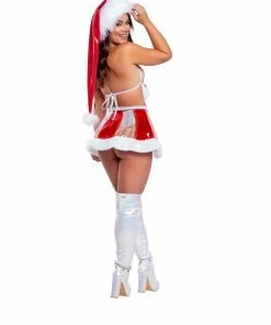 J-Valentine, Inc TOPS CH378 - Holographic Vinyl Triangle Top With Fur Pom-Poms